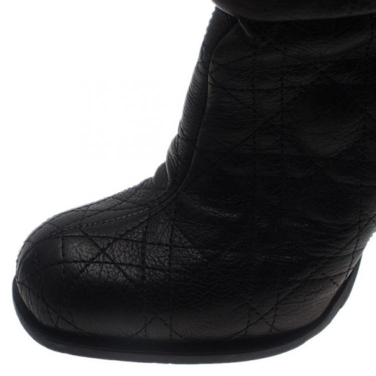 Pre Owned Dior Black Leather Cannage Ice Fur Cuffed Boots Size 38.5