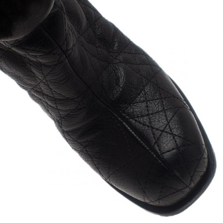 Pre Owned Dior Black Leather Cannage Ice Fur Cuffed Boots Size 38.5