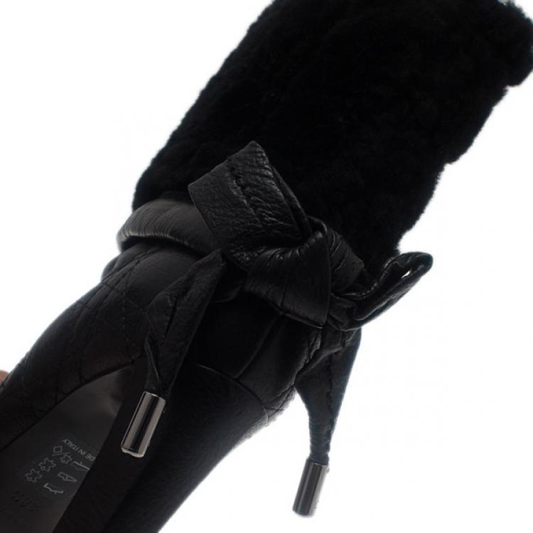 Pre Owned Dior Black Leather Cannage Ice Fur Cuffed Boots Size 38.5