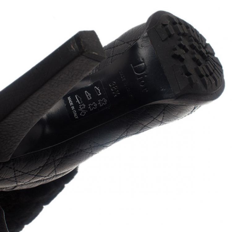 Pre Owned Dior Black Leather Cannage Ice Fur Cuffed Boots Size 38.5