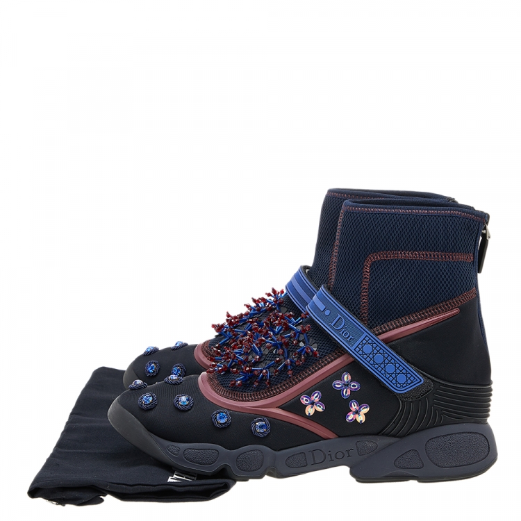 Pre Owned Dior Black/Blue Embellished Fabric Techno Fusion High Top Sneakers Size 40