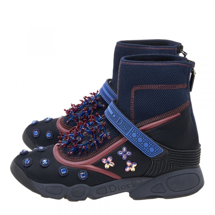 Pre Owned Dior Black/Blue Embellished Fabric Techno Fusion High Top Sneakers Size 40
