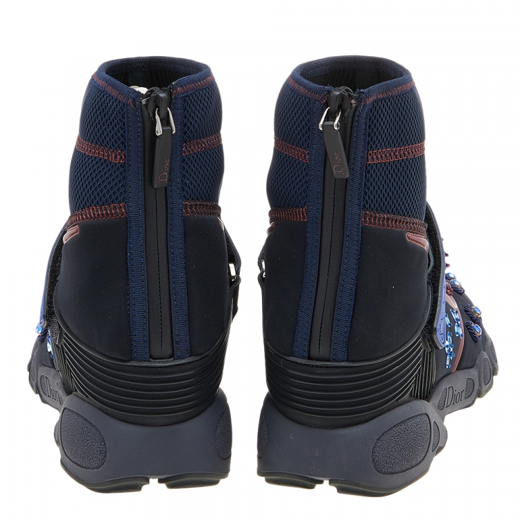 Pre Owned Dior Black/Blue Embellished Fabric Techno Fusion High Top Sneakers Size 40