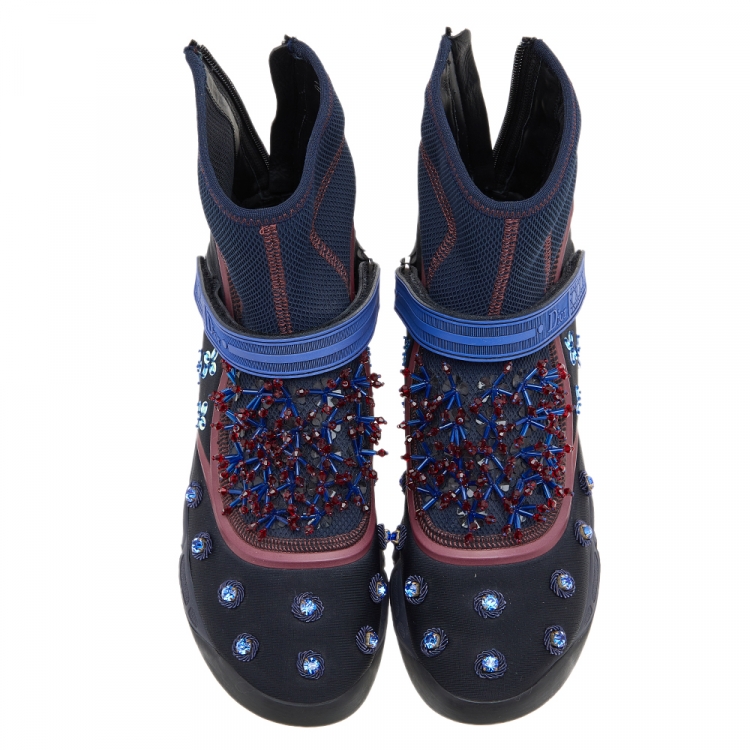 Pre Owned Dior Black/Blue Embellished Fabric Techno Fusion High Top Sneakers Size 40
