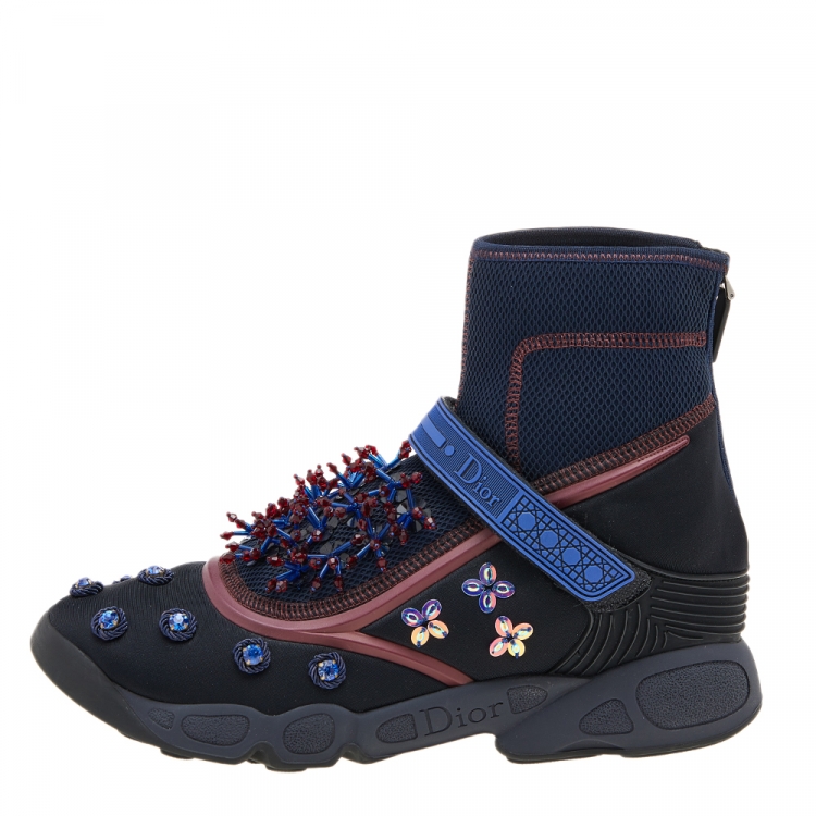 Pre Owned Dior Black/Blue Embellished Fabric Techno Fusion High Top Sneakers Size 40