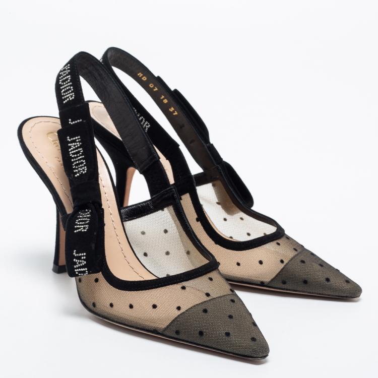 Pre Owned Dior Beige Plumetis Mesh And Suede J'adior Studded  Pointed Toe Slingback Sandals  Size 37
