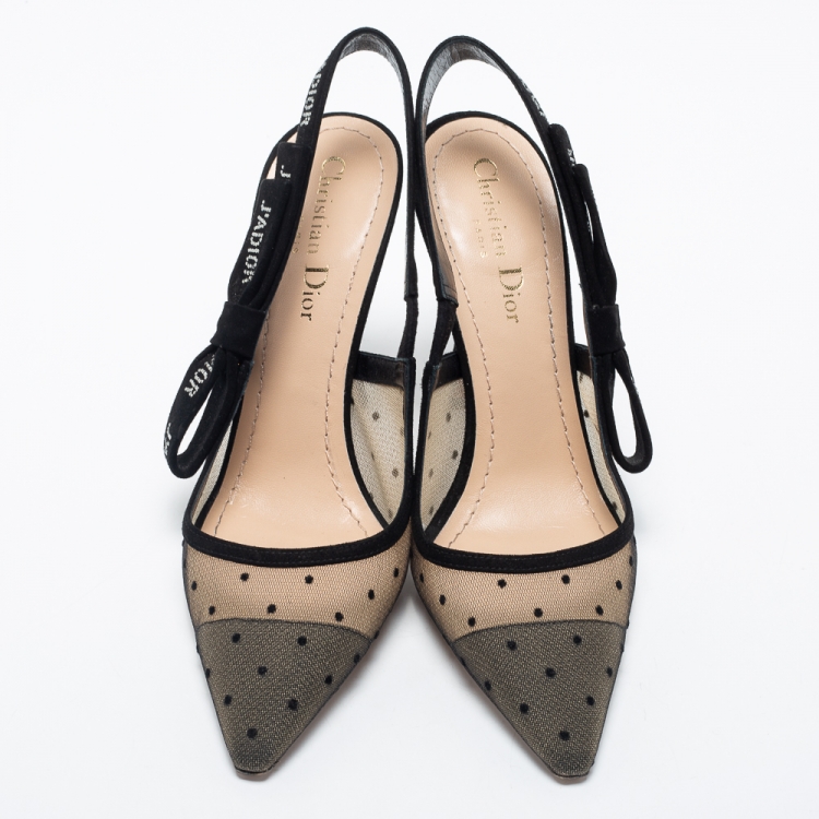 Pre Owned Dior Beige Plumetis Mesh And Suede J'adior Studded  Pointed Toe Slingback Sandals  Size 37