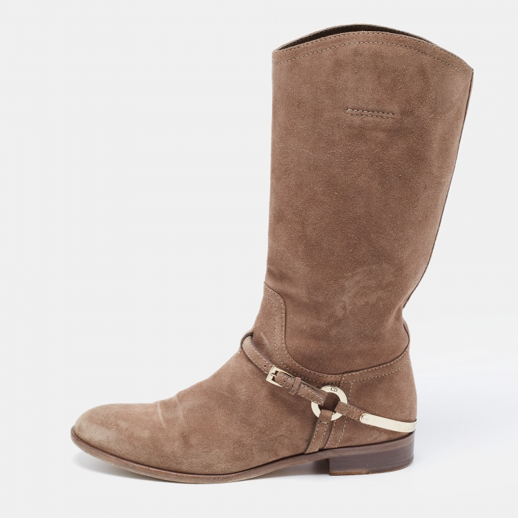 Pre Owned Dior Khaki Brown Suede Mid Calf Length Boots Size 39.5