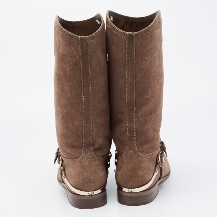 Pre Owned Dior Khaki Brown Suede Mid Calf Length Boots Size 39.5