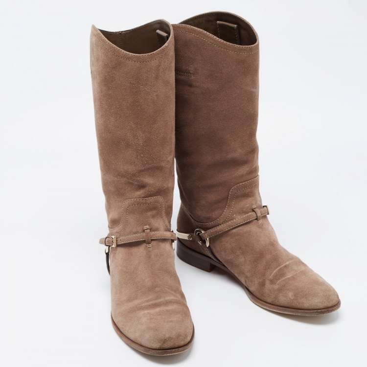 Pre Owned Dior Khaki Brown Suede Mid Calf Length Boots Size 39.5