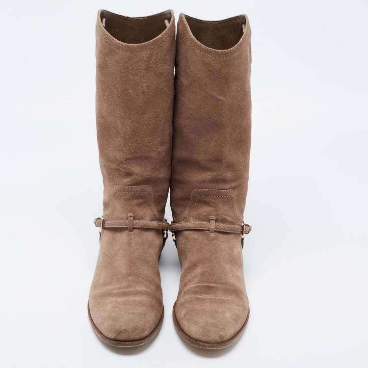 Pre Owned Dior Khaki Brown Suede Mid Calf Length Boots Size 39.5