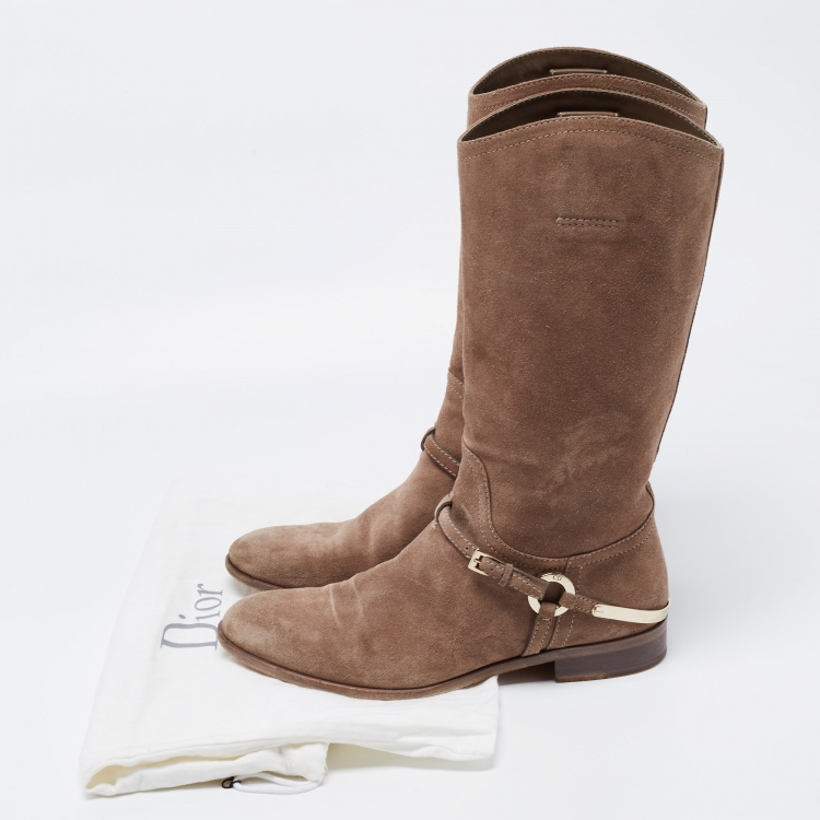 Pre Owned Dior Khaki Brown Suede Mid Calf Length Boots Size 39.5
