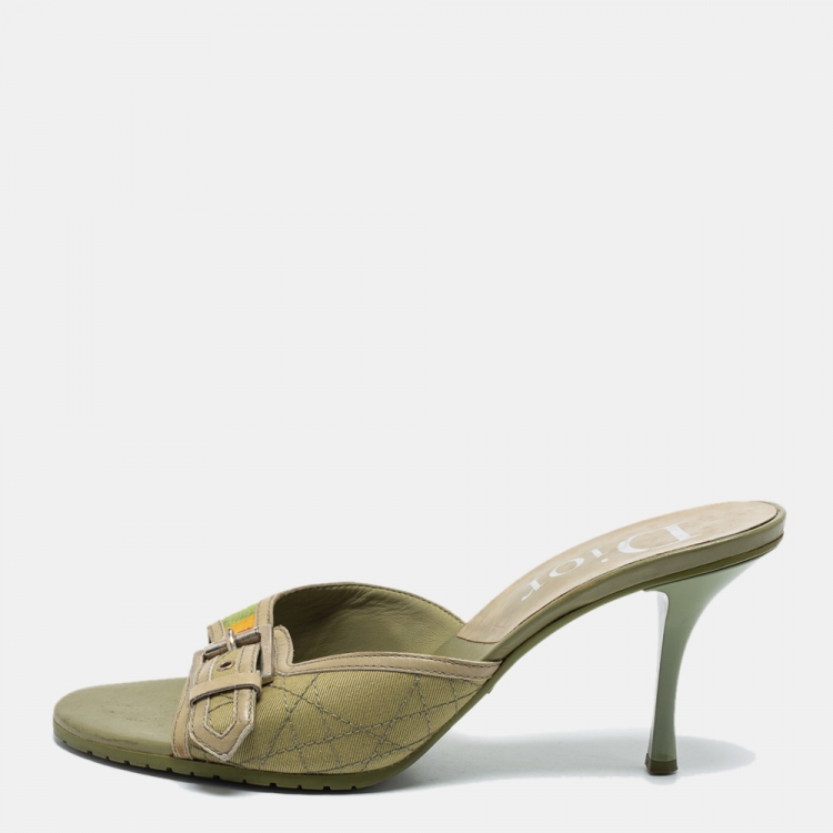 Pre Owned Dior Green Cannage Canvas Buckle Slide Sandals Size 39