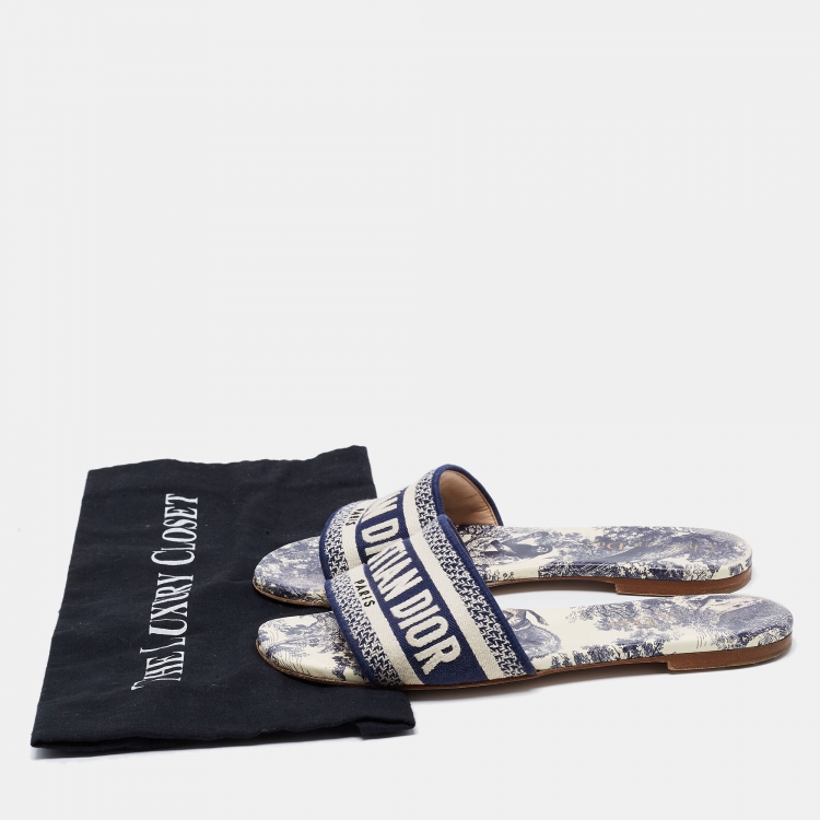 Pre Owned Dior Navy Blue/White Embroidered Canvas Dway Flat Slides Size 36.5