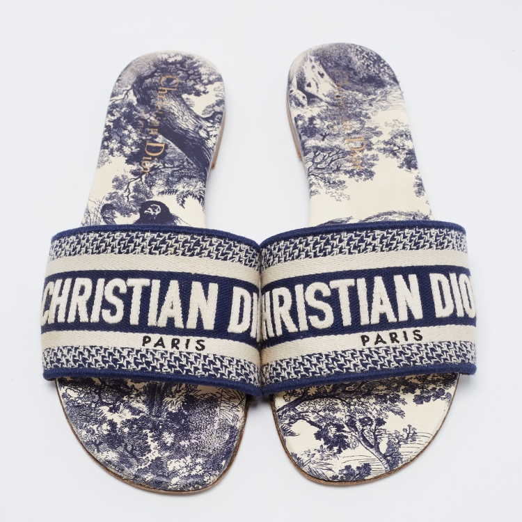 Pre Owned Dior Navy Blue/White Embroidered Canvas Dway Flat Slides Size 36.5