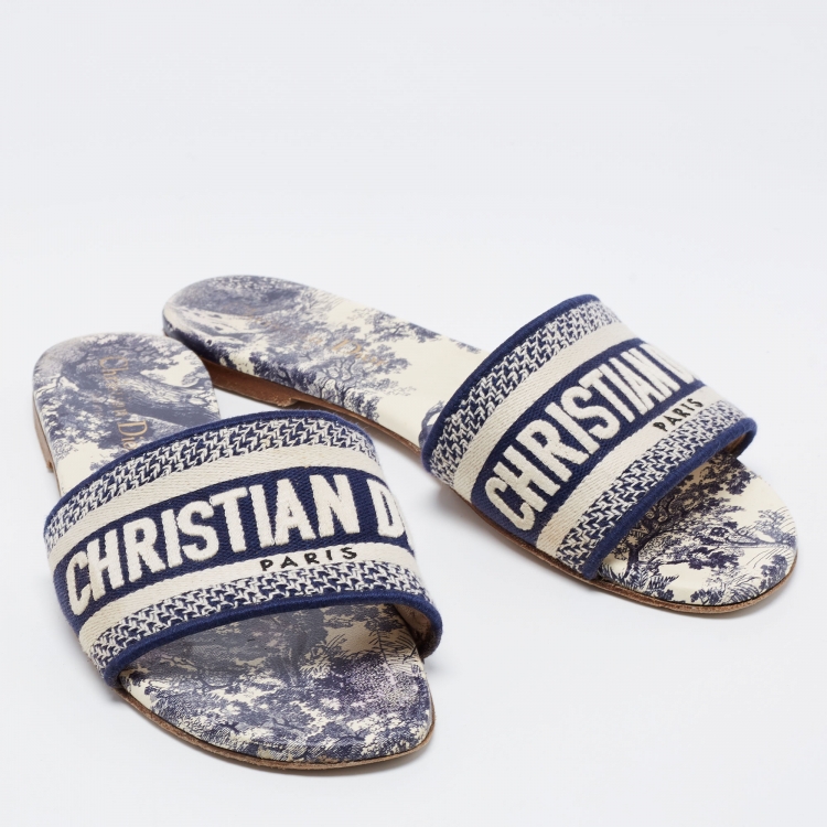 Pre Owned Dior Navy Blue/White Embroidered Canvas Dway Flat Slides Size 36.5