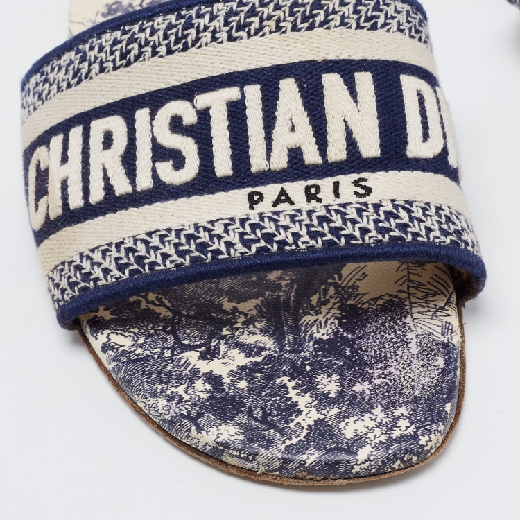 Pre Owned Dior Navy Blue/White Embroidered Canvas Dway Flat Slides Size 36.5