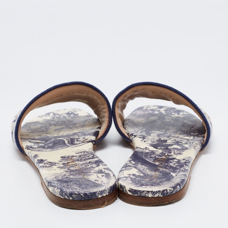 Pre Owned Dior Navy Blue/White Embroidered Canvas Dway Flat Slides Size 36.5