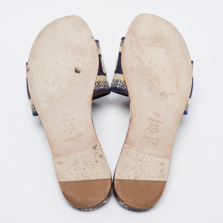 Pre Owned Dior Navy Blue/White Embroidered Canvas Dway Flat Slides Size 36.5