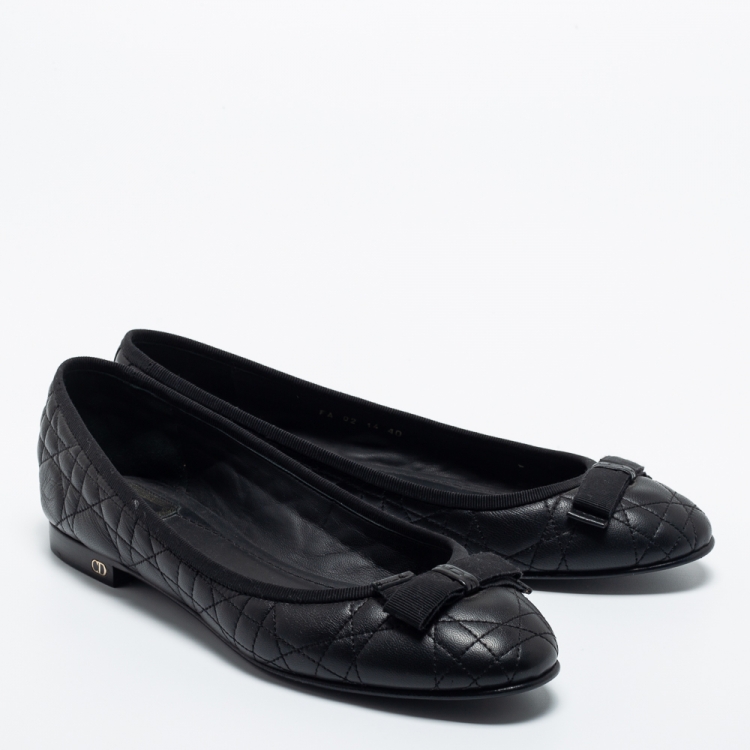 Pre Owned Dior Black Quilted Cannage Leather Bow Ballet Flats Size 40