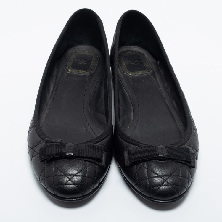 Pre Owned Dior Black Quilted Cannage Leather Bow Ballet Flats Size 40