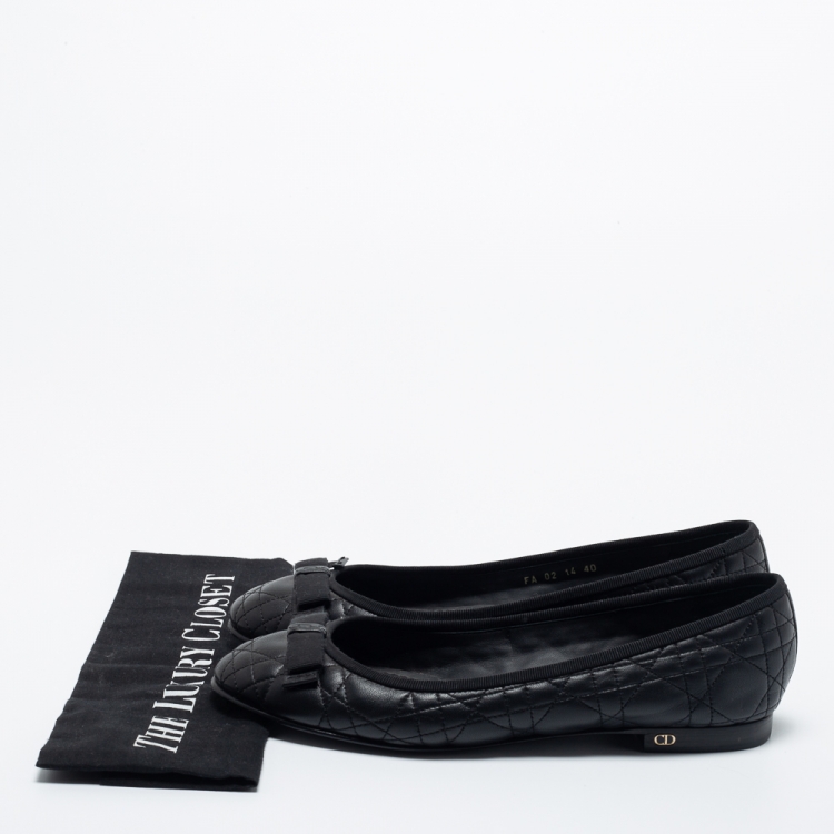 Pre Owned Dior Black Quilted Cannage Leather Bow Ballet Flats Size 40