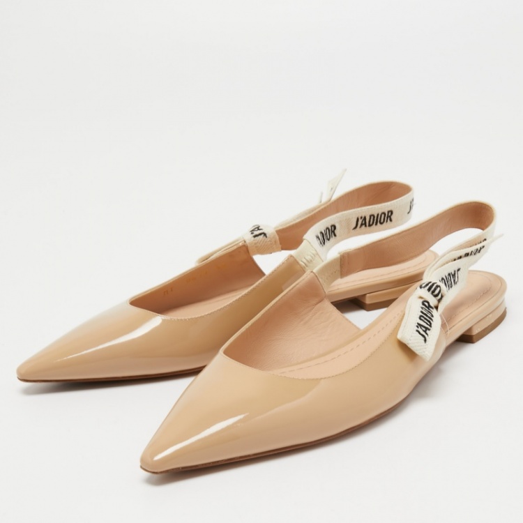Pre Owned Dior Beige Patent Leather J'adior Slingback Flats Size 38