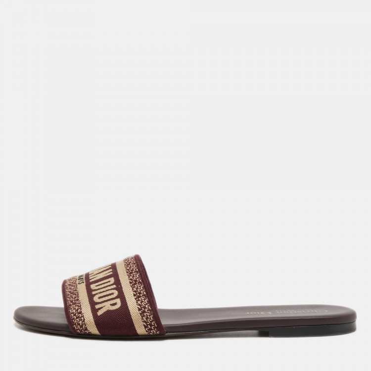 Pre Owned Dior Burgundy Embroidered Canvas Dway Flat Slides Size 40.5