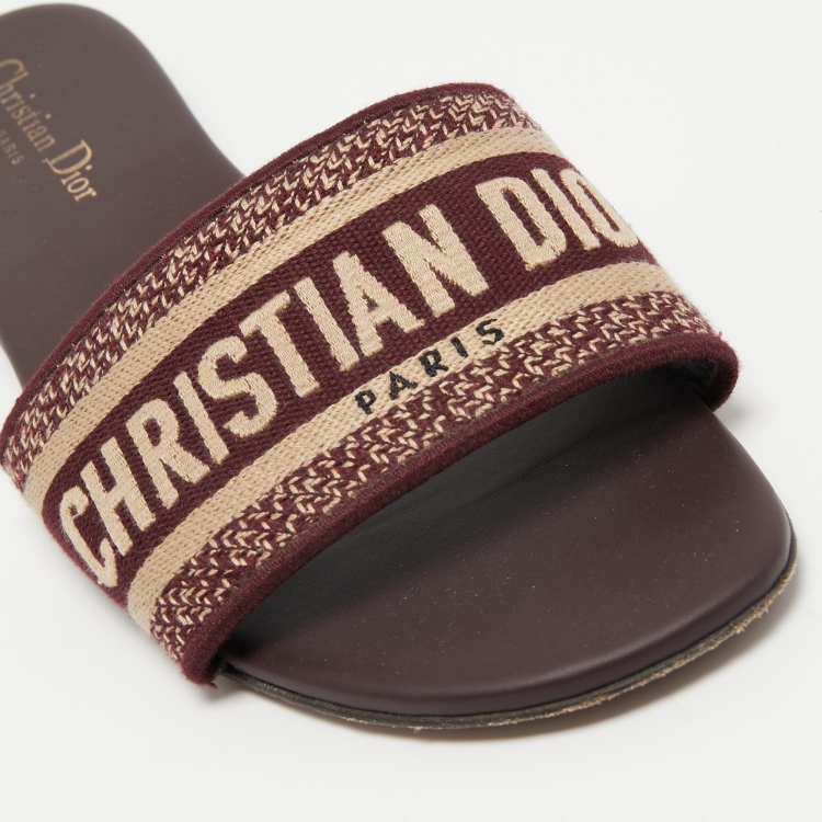 Pre Owned Dior Burgundy Embroidered Canvas Dway Flat Slides Size 40.5