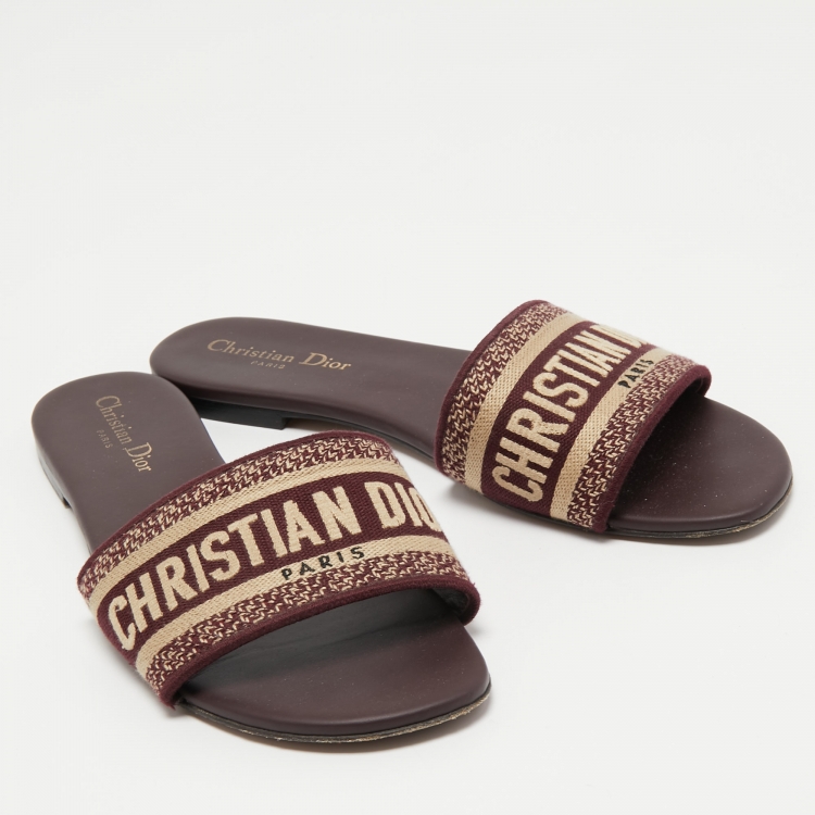 Pre Owned Dior Burgundy Embroidered Canvas Dway Flat Slides Size 40.5