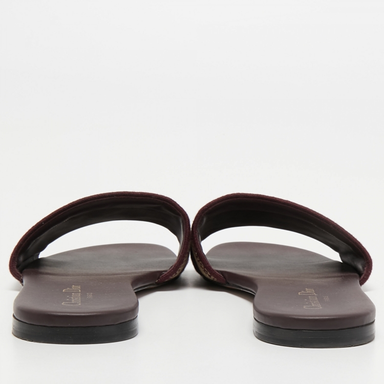 Pre Owned Dior Burgundy Embroidered Canvas Dway Flat Slides Size 40.5