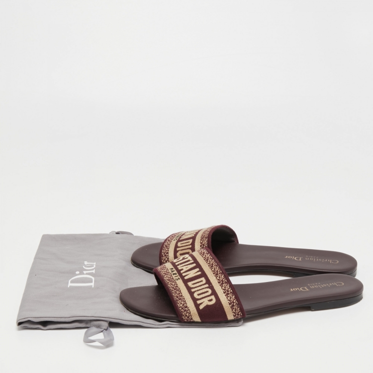 Pre Owned Dior Burgundy Embroidered Canvas Dway Flat Slides Size 40.5