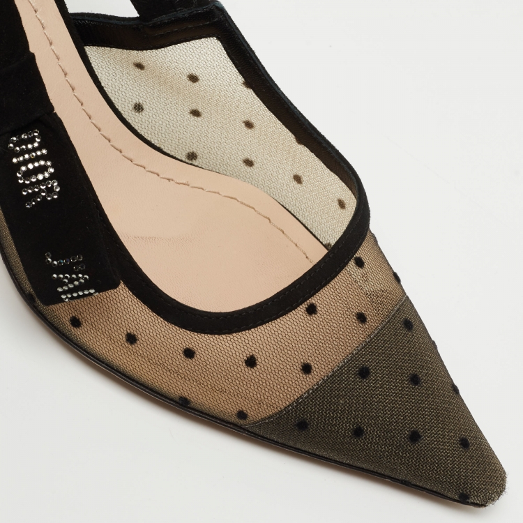 Pre Owned Dior Black Polka Dot Mesh and Suede J'adior Slingback Pumps Size 37.5