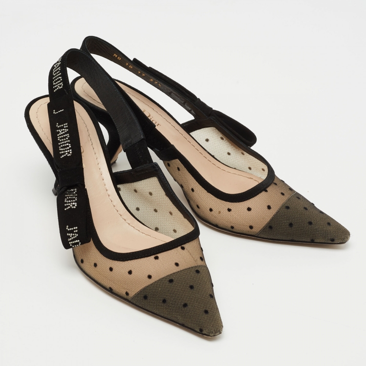 Pre Owned Dior Black Polka Dot Mesh and Suede J'adior Slingback Pumps Size 37.5