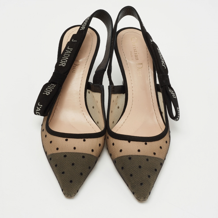 Pre Owned Dior Black Polka Dot Mesh and Suede J'adior Slingback Pumps Size 37.5