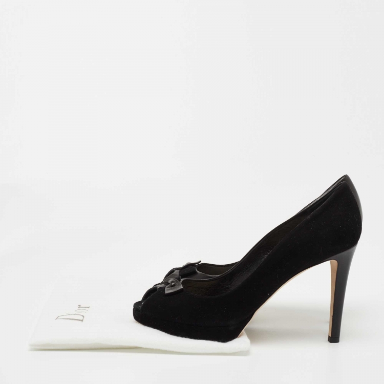 Pre Owned Dior Black Leather and Suede Twisted Bow Peep Toe Platform Pumps Size 41.5