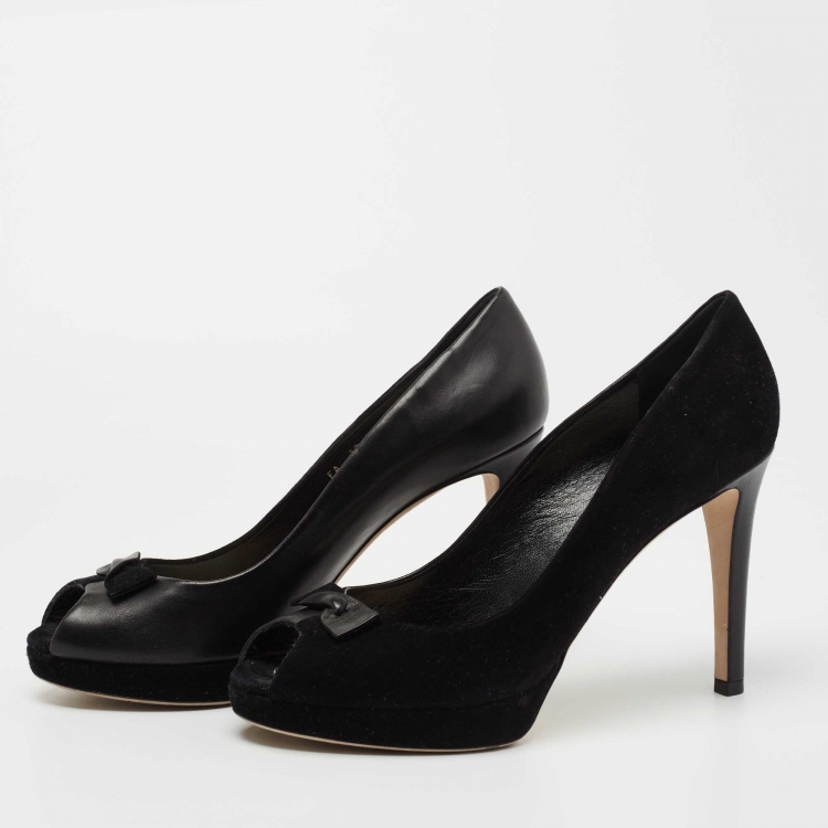 Pre Owned Dior Black Leather and Suede Twisted Bow Peep Toe Platform Pumps Size 41.5