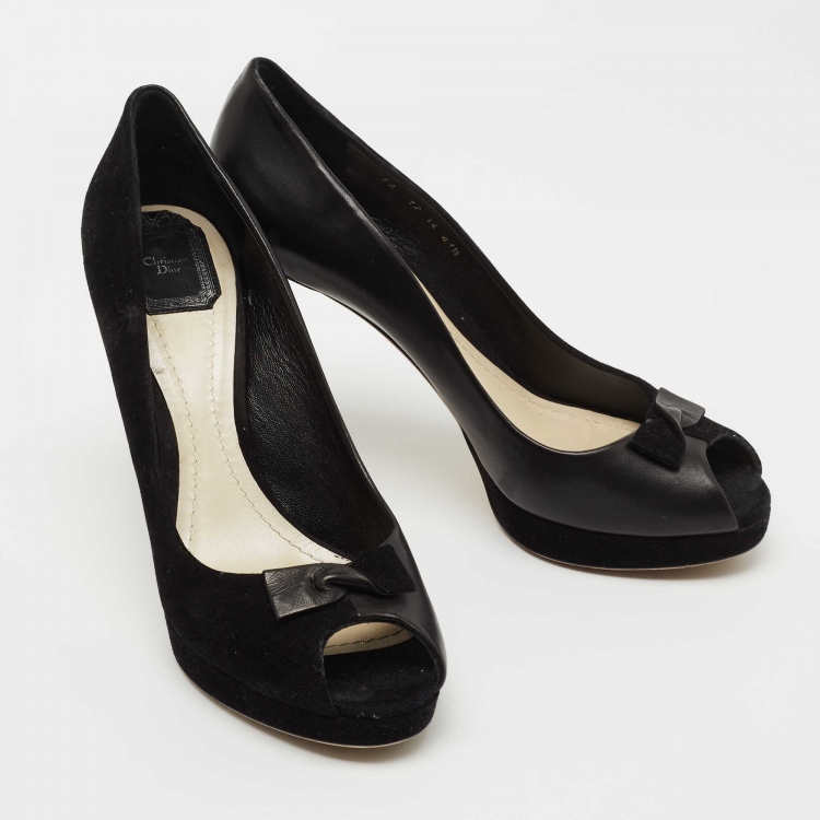Pre Owned Dior Black Leather and Suede Twisted Bow Peep Toe Platform Pumps Size 41.5