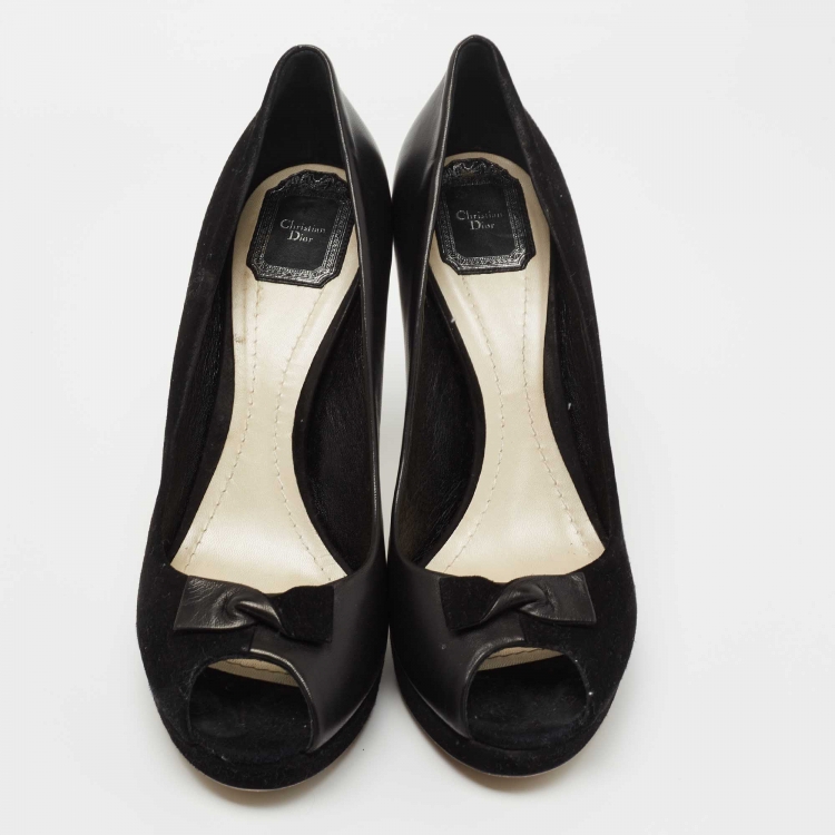 Pre Owned Dior Black Leather and Suede Twisted Bow Peep Toe Platform Pumps Size 41.5