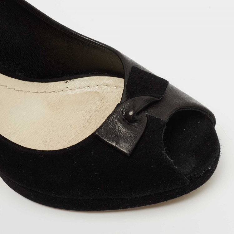 Pre Owned Dior Black Leather and Suede Twisted Bow Peep Toe Platform Pumps Size 41.5