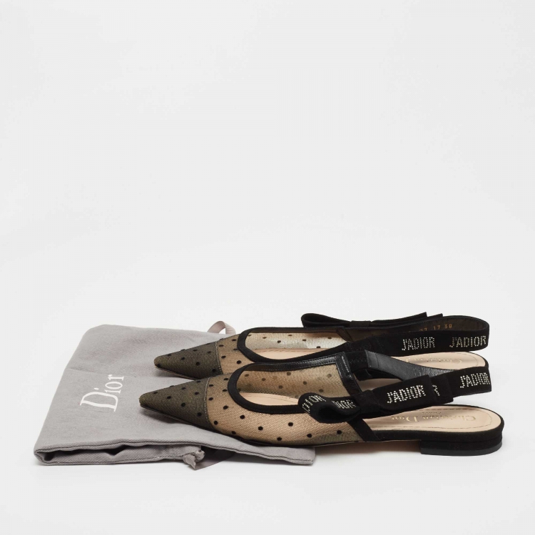 مملوكة مسبقًا Dior Black Polka Dot Mesh and Crystal Embellished Suede J'adior Slingback Flats Size 38