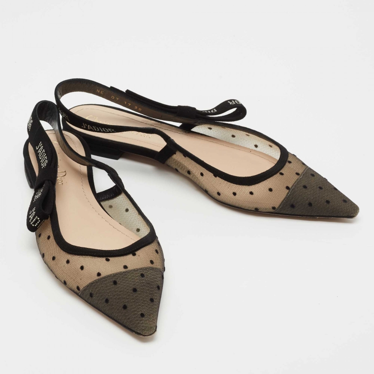 مملوكة مسبقًا Dior Black Polka Dot Mesh and Crystal Embellished Suede J'adior Slingback Flats Size 38