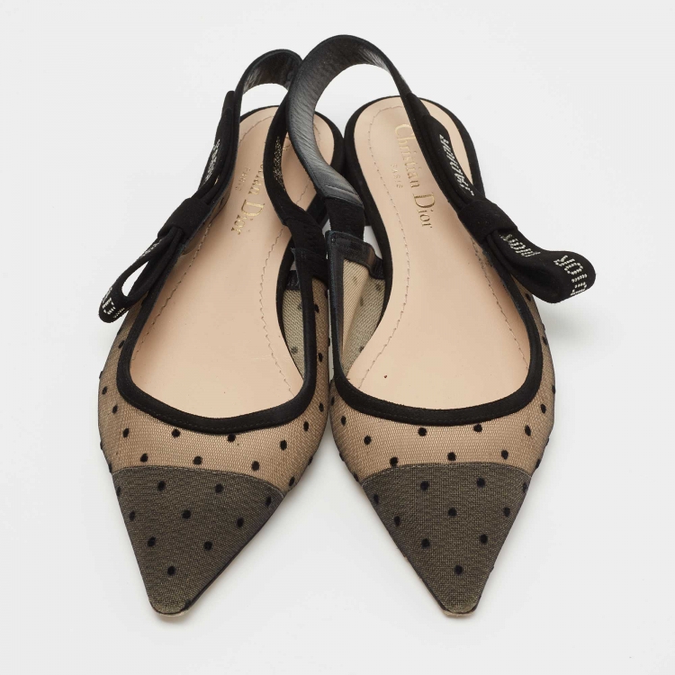 مملوكة مسبقًا Dior Black Polka Dot Mesh and Crystal Embellished Suede J'adior Slingback Flats Size 38
