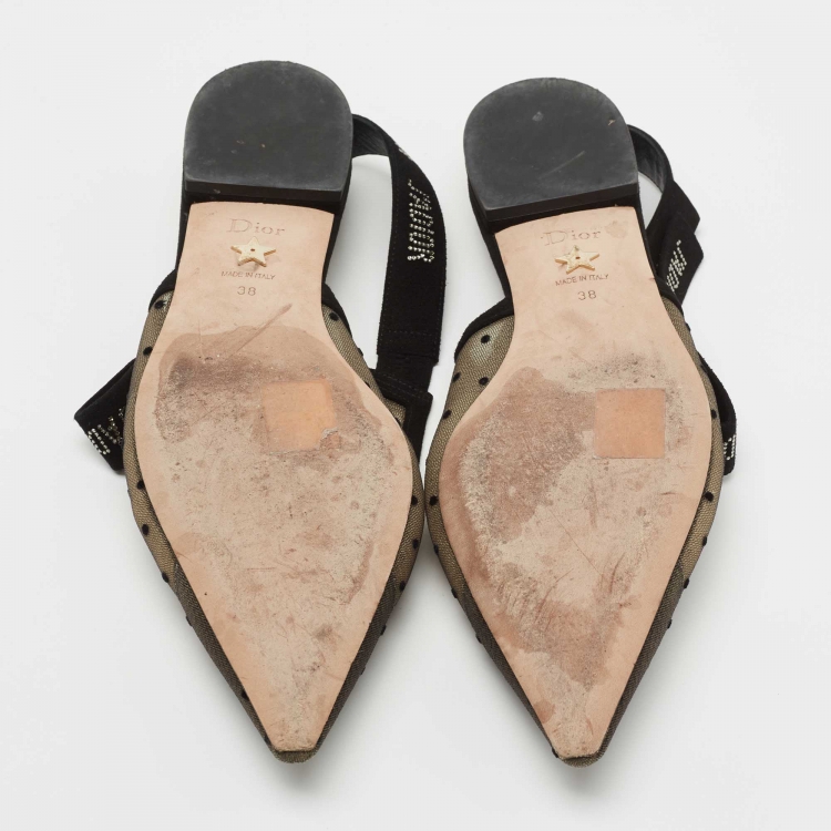 مملوكة مسبقًا Dior Black Polka Dot Mesh and Crystal Embellished Suede J'adior Slingback Flats Size 38
