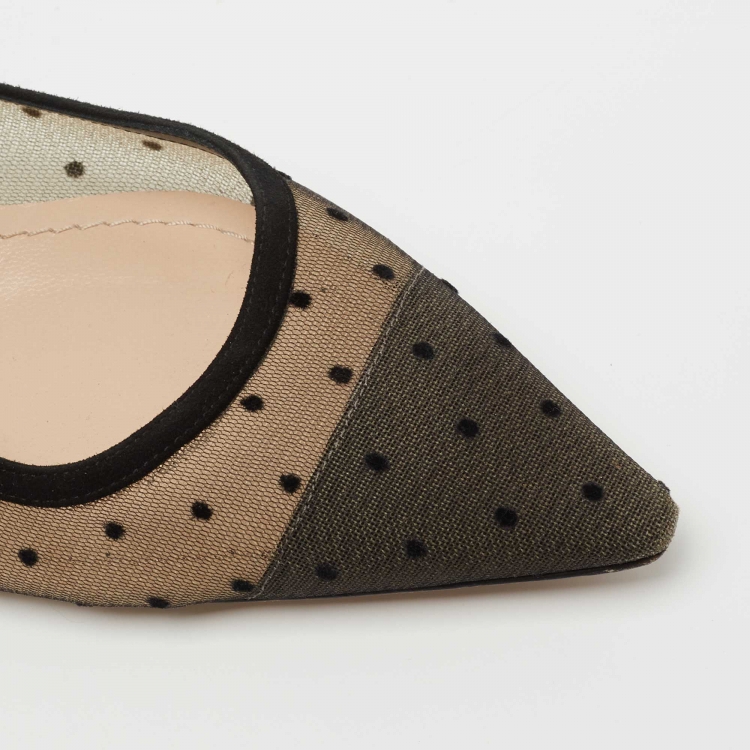 مملوكة مسبقًا Dior Black Polka Dot Mesh and Crystal Embellished Suede J'adior Slingback Flats Size 38