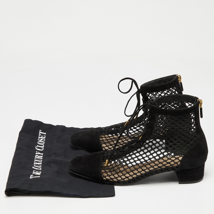 Pre Owned Dior Black Suede and Mesh Naughtily-D Mesh Ankle Boots Size 40