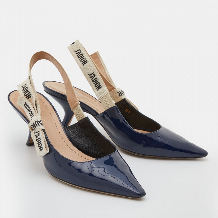 Pre Owned Dior Navy Blue Patent Leather J'adior Pointed Toe Slingback Pumps Size 38