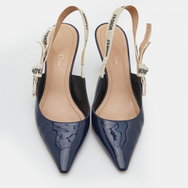 Pre Owned Dior Navy Blue Patent Leather J'adior Pointed Toe Slingback Pumps Size 38
