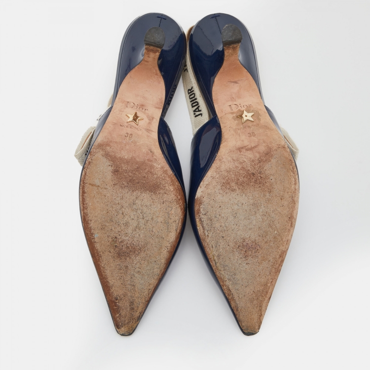Pre Owned Dior Navy Blue Patent Leather J'adior Pointed Toe Slingback Pumps Size 38