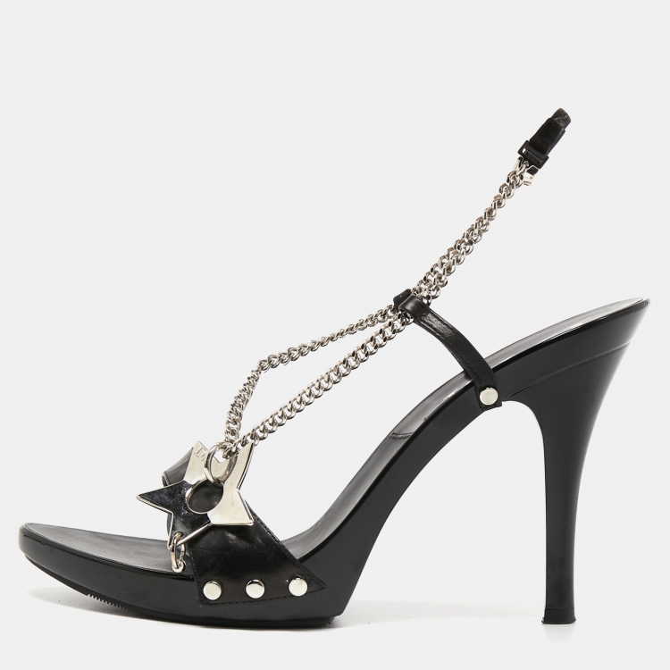 Pre Owned Dior Black Leather Star Embellished Chain Slingback Sandals Size 37